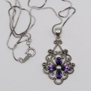 Pretty Sterling Silver Purple CZ and Marcasite Filigree Floral Pendant Chain